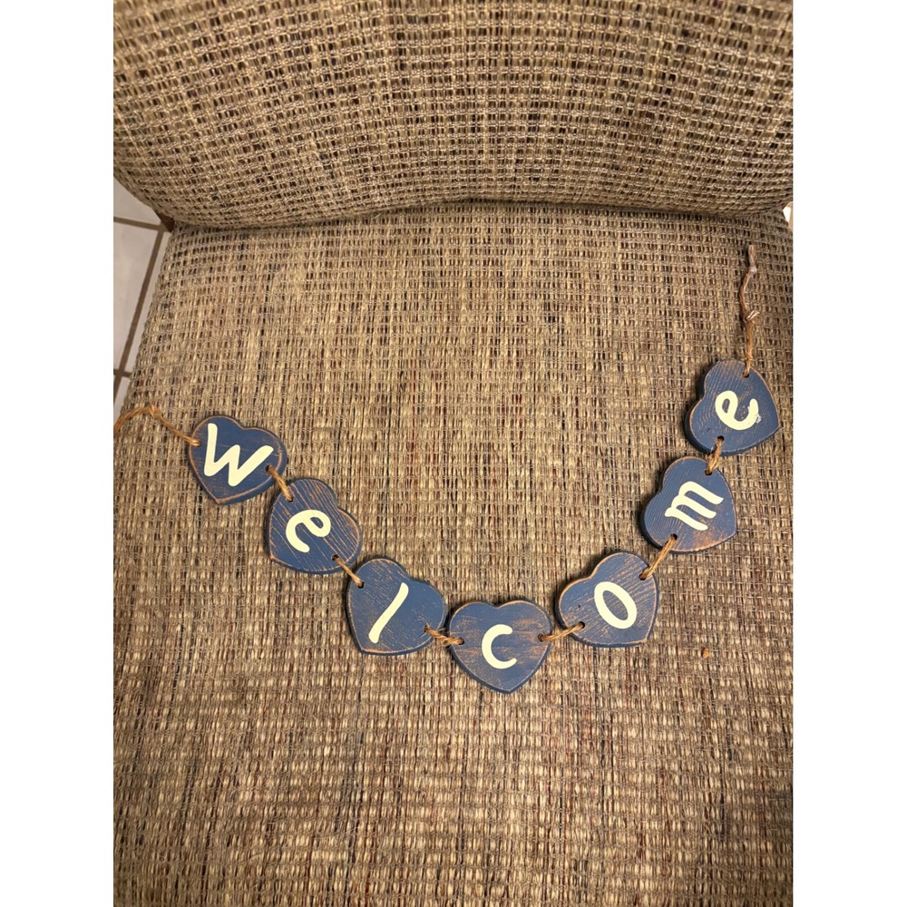 Rustic Wooden Welcome Heart Garland Distressed Navy Blue Farmhouse Wall Decor